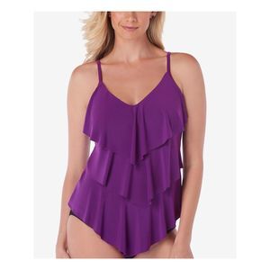 MAGIC SUIT Women's Purple Stretch Tiered Ruffled Rita Tankini Swimsuit Top 8